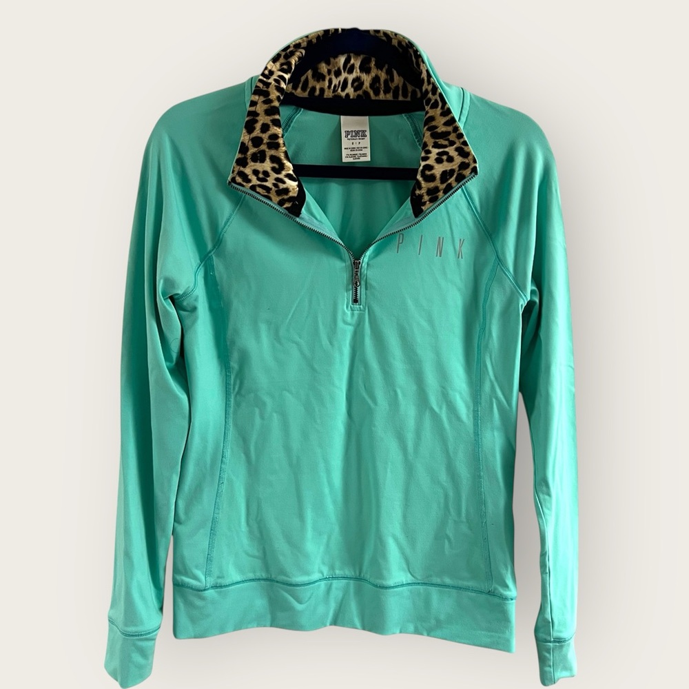 Victoria's Secret PINK Teal Active Pullover with Leopard Collar